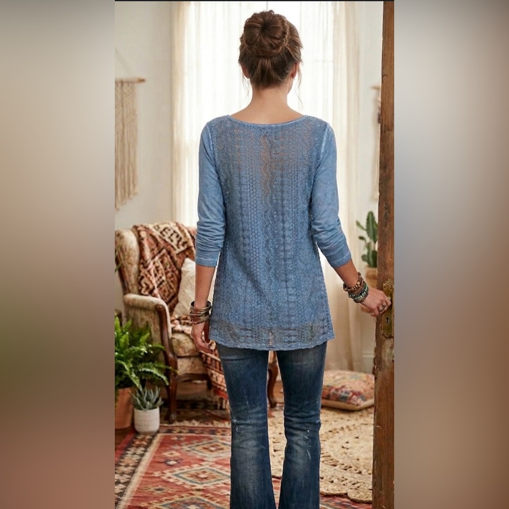 Tribal jeans Women's knit Blue Long Sleeve Top S  Lagenlook boho office‎ casual